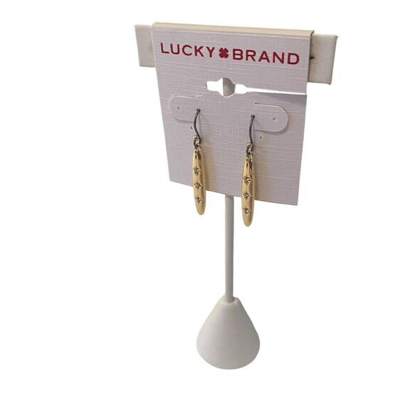 Bright Gold Tone Linear Drop Earrings w/ 3 Pave Crystals. - Picture 3 of 5